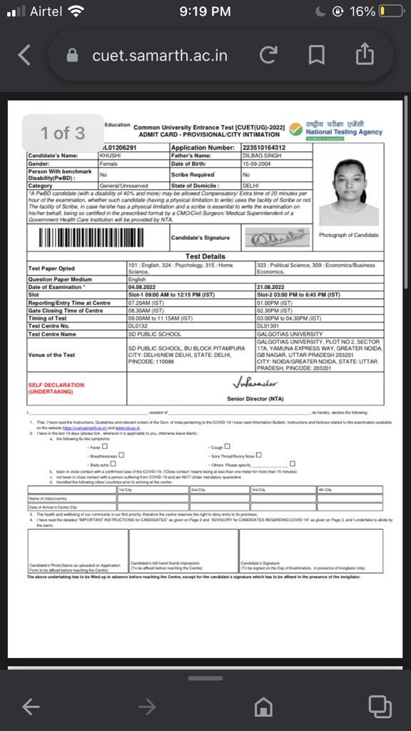 ikhushi0415's tweet photo. Sir my exam was supposed to happen on 4th of August but the due to technical issues it did not and the admit card did not show any date afterwards i also submitted an application at your office in noida.
Application Number:223510164312 
Please reschedule my exam @DG_NTA https://t.co/iCxUFox2cu