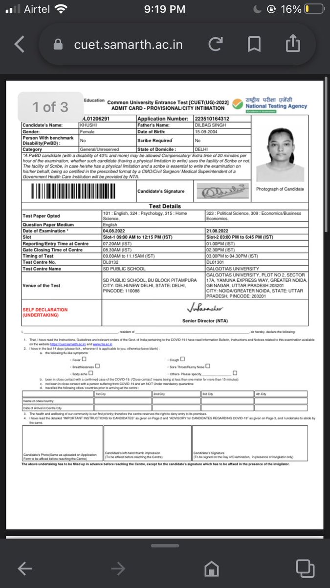 ikhushi0415's tweet photo. Sir my exam was supposed to happen on 4th of August but the due to technical issues it did not and the admit card did not show any date afterwards i also submitted an application at your office in noida.
Application Number:223510164312 
Please reschedule my exam @DG_NTA https://t.co/aD3EGTzrfY