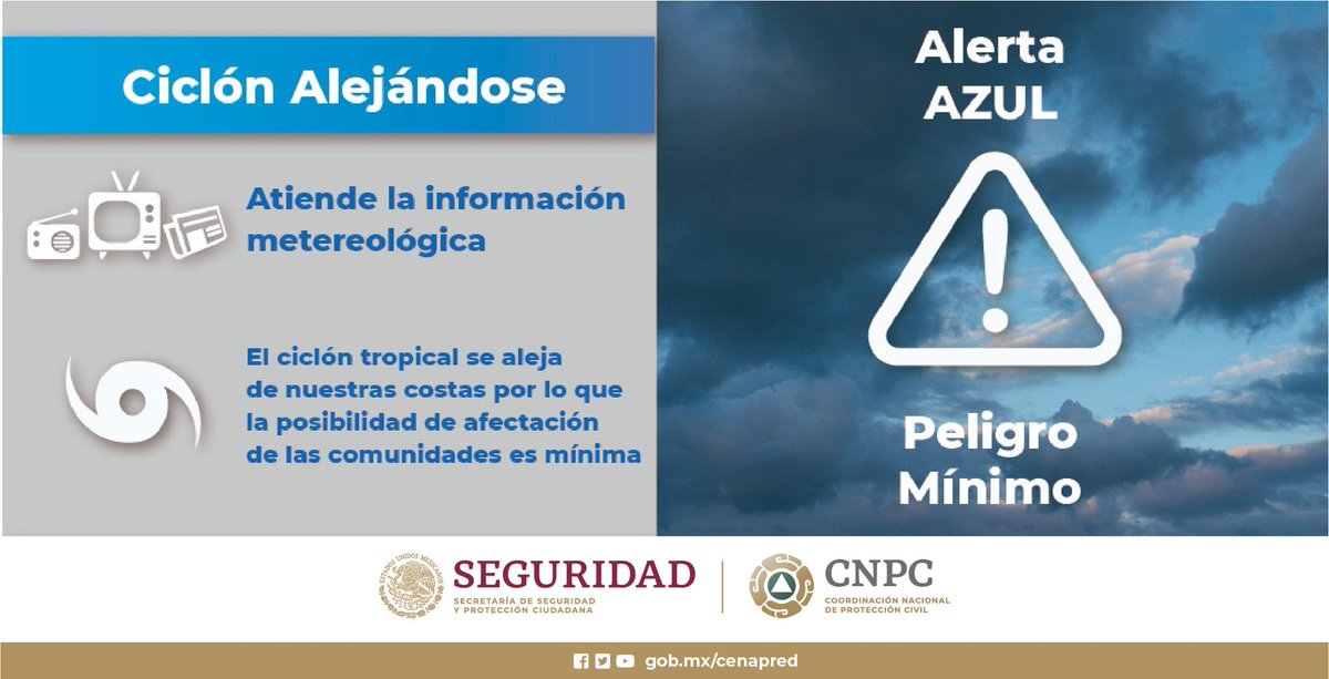 🔵🔵#ALERTAAZUL🔵🔵
#Peligro muy bajo

🔜ACERCÁNDOSE🚨
Centro, Sur y Oeste de #Colima; Sur y Suroeste de #Guerrero; Noroeste y Suroeste de #Jalisco; Sur y Suroeste de #Michoacán;

🔙ALEJÁNDOSE🚨
Sureste de #Guerrero; Suroeste de #Oaxaca;