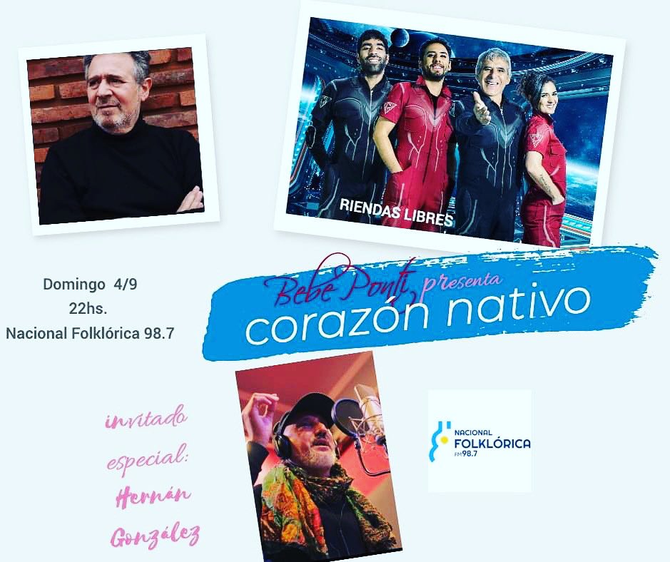Corazón Nativo
Hoy a las 22 hs por Nacional Folklórica 98.7
Haremos un recorrido por el flamante disco "Un viaje"  de Riendas Libres: Peteco, Martina, Homero, Ricky. 
Y nos  visitará  Hernán González con sus canciones en vivo.
Poesía: <a href="/prat_ariel/">@prat_ariel</a> 
radionacional.com.ar/nacional-folkl…