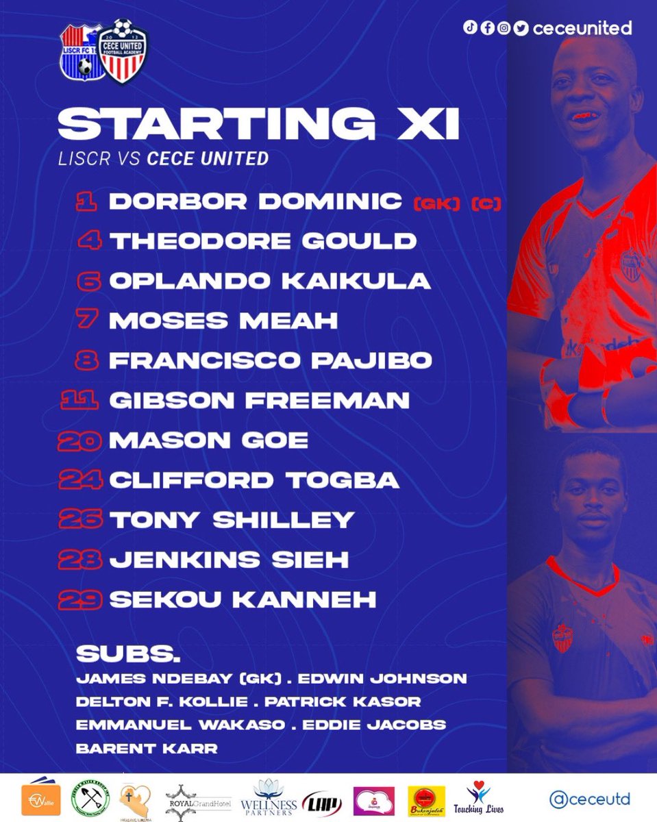 🚨Starting XI🚨

⚽ Vs LISCR FC
🏆 Orange First National League 
🏟 Antoinette Tubman Stadium 

#CeceUnited | #OnGodForever