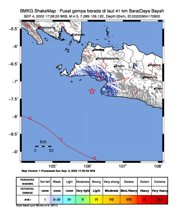 infoBMKG's tweet photo. #Gempa Mag:4.3, 04-Sep-22 17:28:20 WIB, Lok:7.28 LS, 106.12 BT (Pusat gempa berada di laut 41 km BaratDaya Bayah), Kedlmn:25 Km Dirasakan (MMI) II - III Banjarsari, II - III Bayah, II - III Cijaku, II - III Cibeber #BMKG https://t.co/rKiorHr2cd