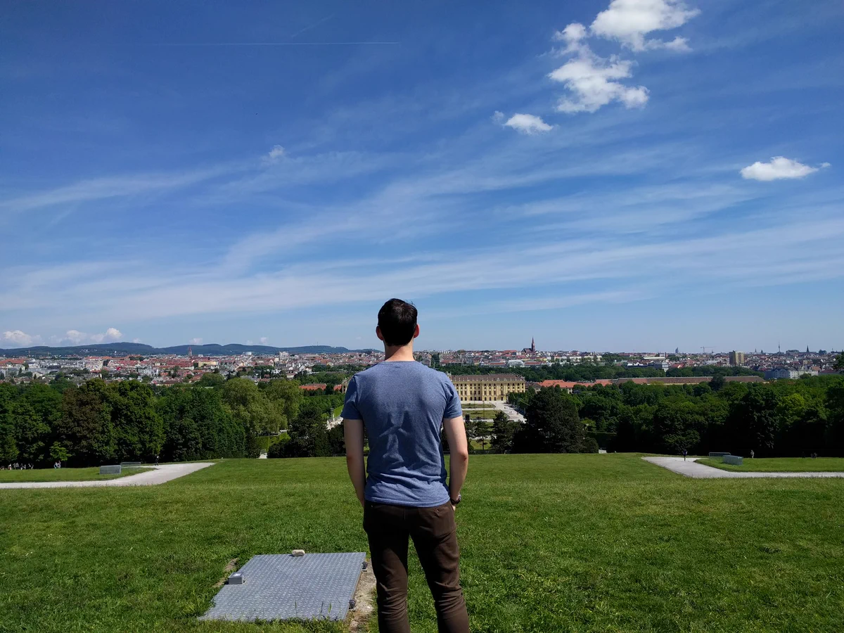 Myself from behind looking at a lovely view of Vienna (Austria) from a hill.