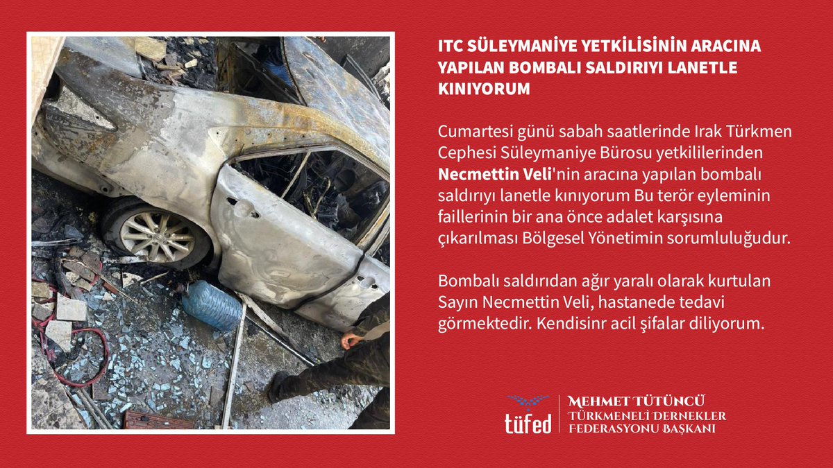 ITC SÜLEYMANİYE YETKİLİSİNİN ARACINA YAPILAN BOMBALI SALDIRIYI LANETLE KINIYORUM
<a href="/MehmetTutuncu70/">Mehmet Tütüncü</a>