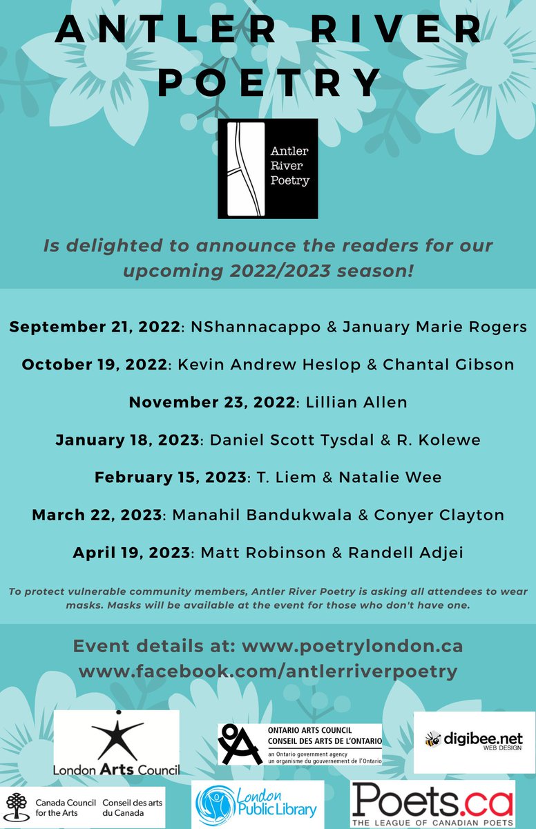 poetrylondon_ca's tweet photo. We're excited to announce our 2022-23 poet lineup! 

We'll be returning to in-person events (masked) #ldnont. 

Poet bios/pics &amp; more event info coming soon on https://t.co/fP3zZMcALV

@londonlibrary @ONArtsCouncil @LdnArtsCouncil @CanadaCouncil @digibeenet @CanadianPoets https://t.co/m0wFjgLcVH