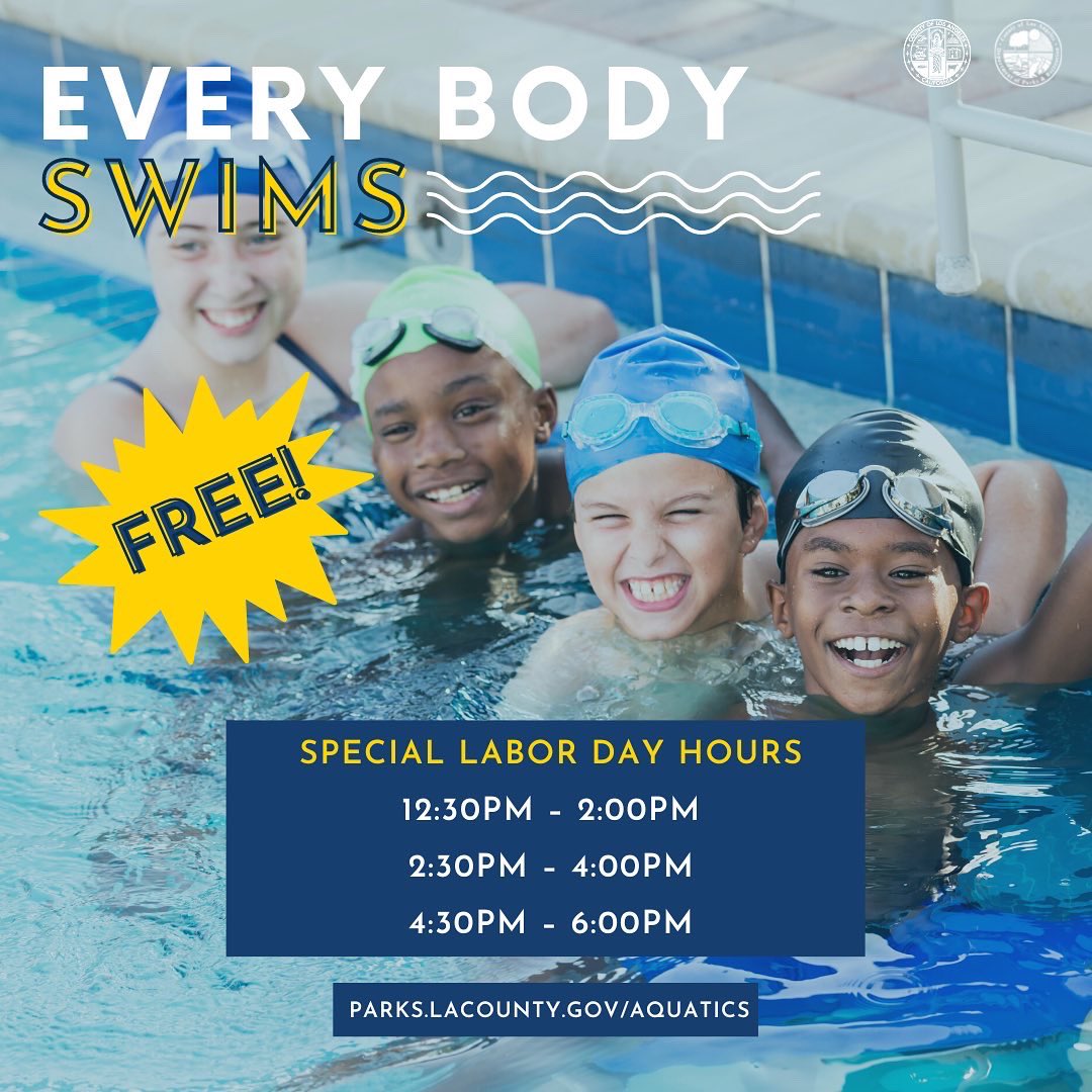 lacountyparks's tweet photo. Tomorrow, we're opening select #LACounty pools for special #LaborDay hours! Come by for one of three special #EverybodySwim sessions! That means FREE recreational swim for the entire family! Swipe for a list of locations and stop by tomorrow! https://t.co/SPPUTpII8B