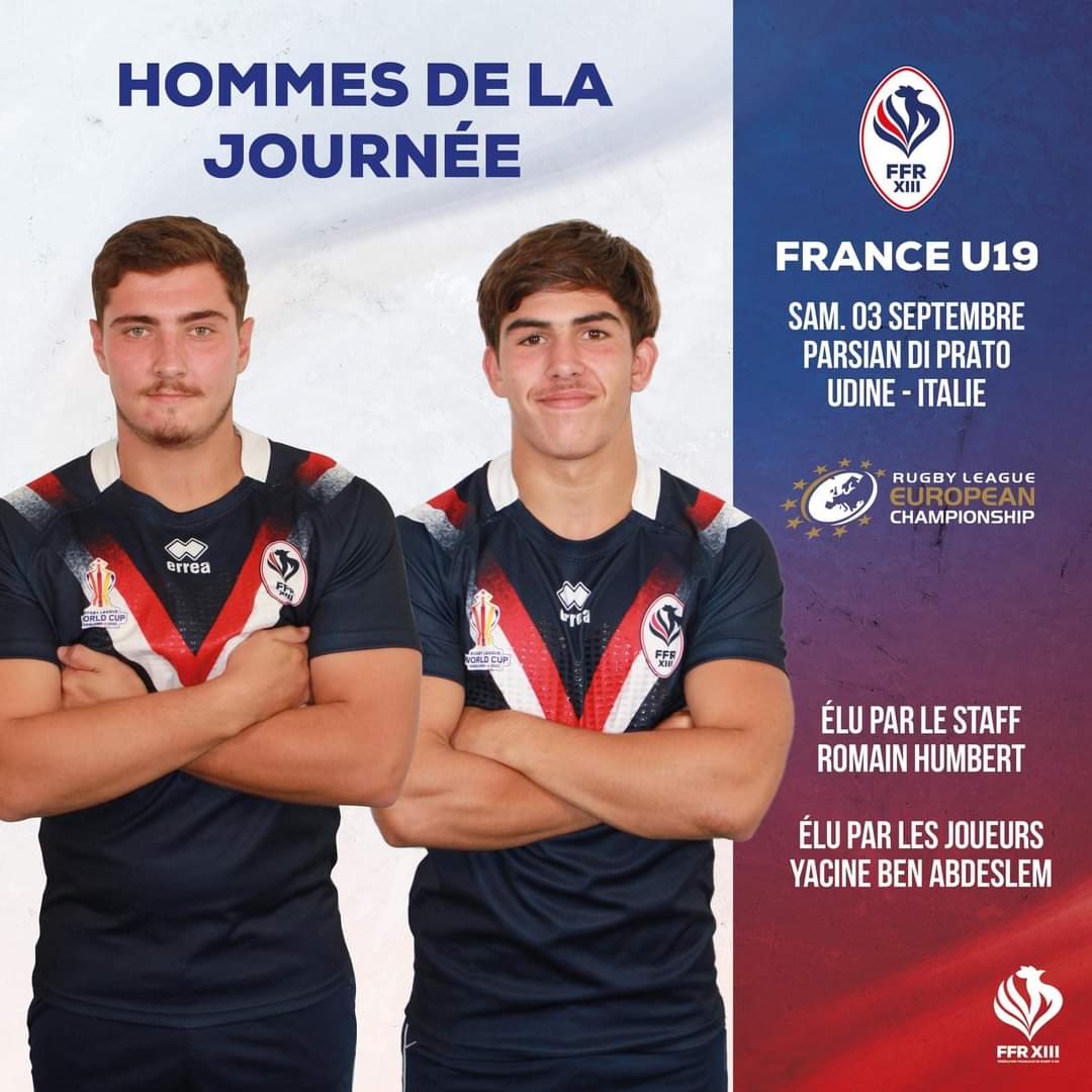 Félicitations à 
Romain Humbert
Julien Laporte
Rayan Tadjeur
Yacine Benabdeslem
Lenny Chachoua
Damien Huescar pour leur sans faute en équipe de France U19
6 victoires sur 6
Romain et Yacine élus hommes des matches.
La formation du XIII Catalan porte ses fruits!!!
#13cat🏉⚪🔴🟡⚪