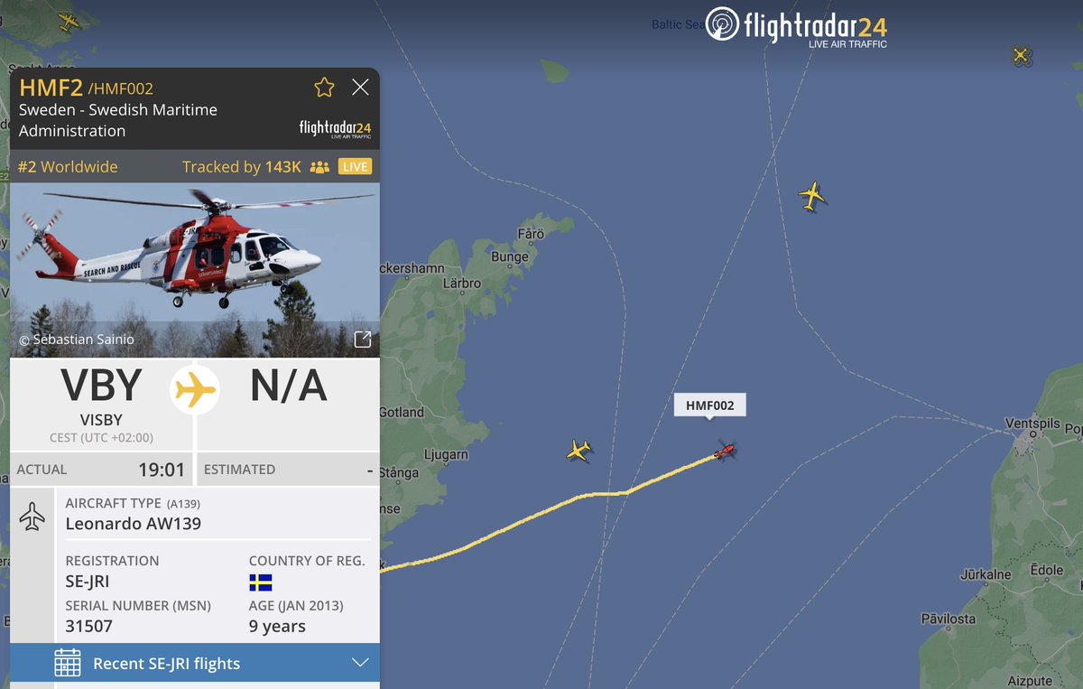 flightradar24's tweet image. Swedish authorities are currently en route to the are of last received position. flightradar24.com/HMF002/2d56a0e0