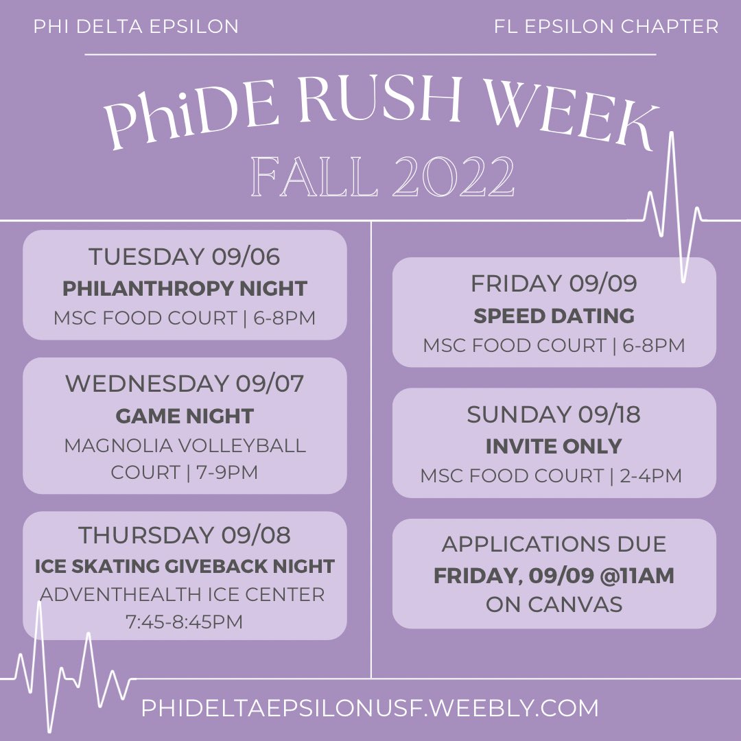 USFPhiDE's tweet photo. Rush week has finally arrived! Come out to our rush events to connect more with our members and see if PhiDE is a good fit for you! Be sure to enroll in our PNM Canvas course for more up-to-date information on the recruitment process. We can’t wait to see everyone this week! https://t.co/2ePccdXoSQ