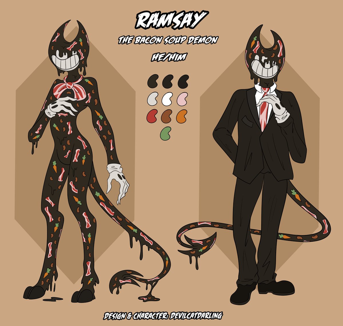 Several people have been asking me for a proper reference for Ramsay so I made up a quick reference
Ramsay is my Bacon Soup Bendy OC inspired partially by a discord Convo and partially by <a href="/_SEDGEIE_/">Sedge-butt</a> awesome Pizza Demon concept! 
#bendy #BATIM #Bendy_and_the_ink_machine #BATDR
