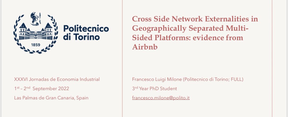 francescolmilo's tweet photo. Happy to have joined the XXXVI Jornadas de Economia Industrial @JEI2021_GC and to have presented my working paper about #digitalplatforms https://t.co/9LtQQqo5mu