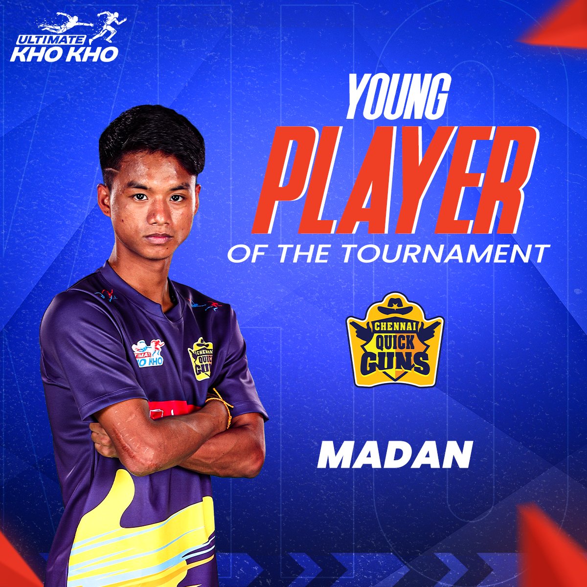 ultimatekhokho's tweet photo. Mashhoor Madan ke Sky Dives ki kahani ho gayi ๐
Young Gun from Chennai Quick Guns, Madan is the #UltimateKhoKho Young Player of the Tournament ๐
#UltimateFinal #IndiaMaarChalaang #AbKhoHoga #KhoKho https://t.co/LZX7I22MpP