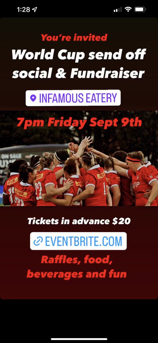 Mcnails22's tweet photo. Join us Friday @ infamous eatery, to send off Britt to the Rugby World Cup in New Zealand! @CamGuthrie city of guelph employee as well. @RugbyCanada @rugbyworldcup https://t.co/4nmUUDvl4Y