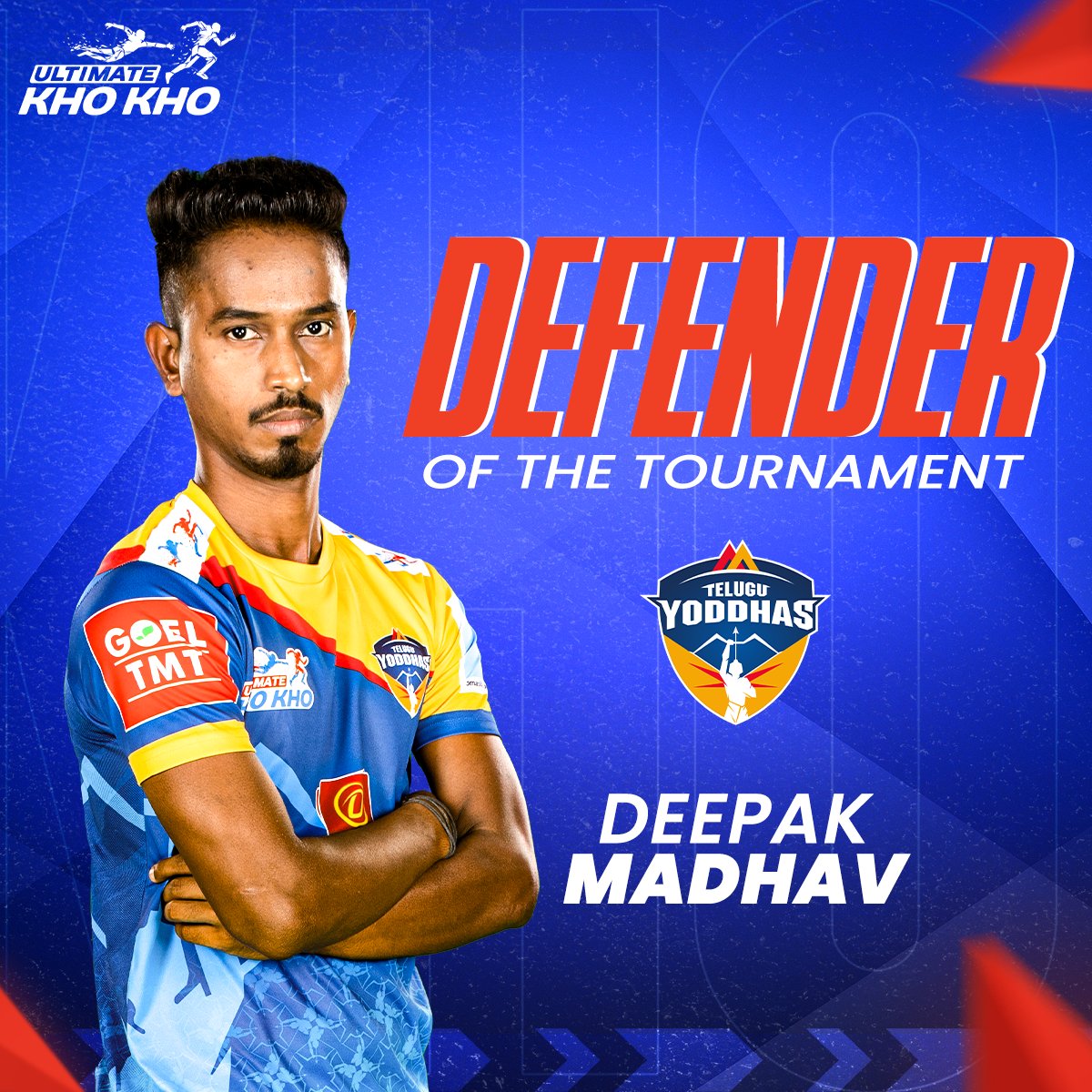ultimatekhokho's tweet photo. He runs for fun, till the match is won ๐โโ๏ธ๐
@TeluguYoddhas' ever energetic, Deepak Madhav is the #UltimateKhoKho Defender of the Tournament ๐
#UltimateFinal #IndiaMaarChalaang #AbKhoHoga #KhoKho https://t.co/VzUBuk9eF9