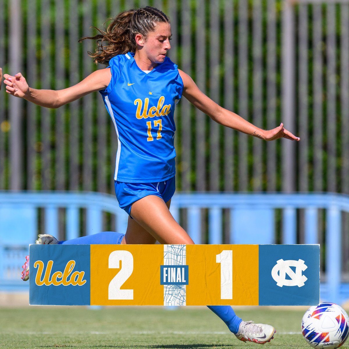 UCLAWSoccer's tweet photo. FINAL: No. 3 UCLA 2, No. 1 UNC 1

UCLA comes from behind with second-half goals by Lexi Wright and Reilyn Turner to complete the road sweep against the nation's Top 2 teams! 

#GoBruins https://t.co/AE5Hyglvdu