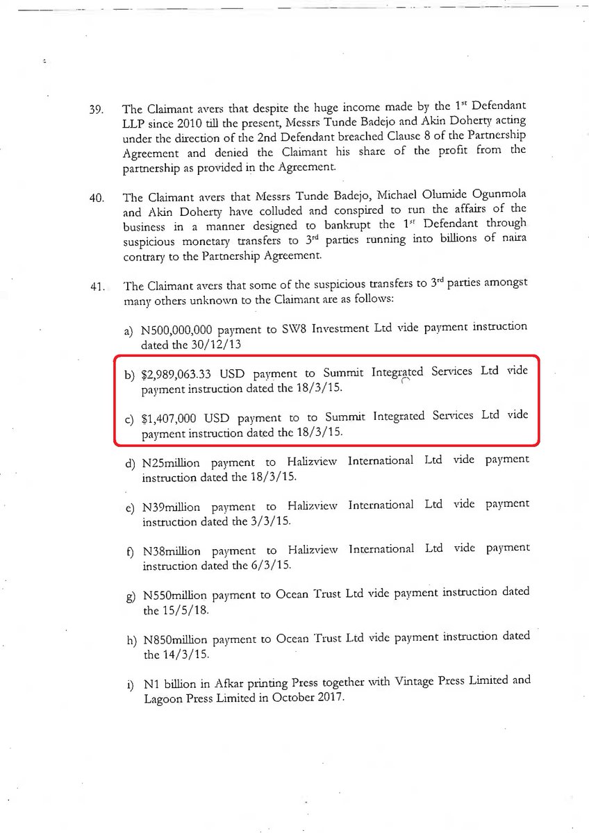 DavidHundeyin's tweet photo. Didn't flag this earlier, but I'll do so now. In the Alpha Beta lawsuit case files, there are 2 suspicious transfers totalling over $4m to one "Summit Integrated Services Ltd".

It is a UK registered "engineering services" company whose directors all live in Colombia. https://t.co/fciGmVvh4k