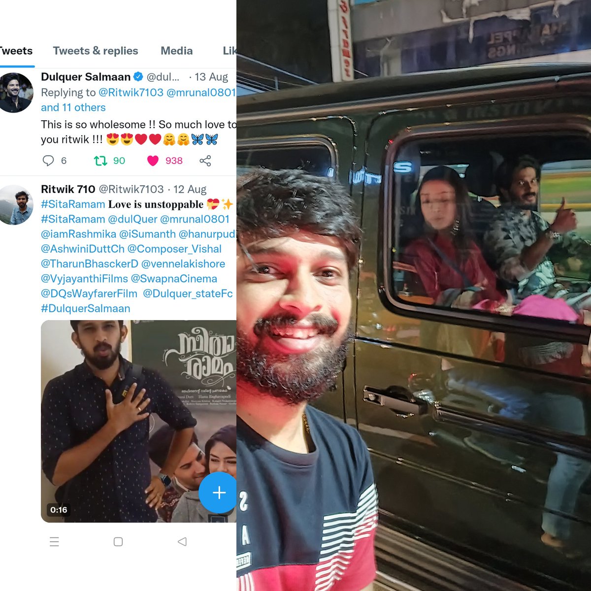 Ritwik7103's tweet photo. Last month i shared my video about #SitaRamam's movie review😍... I didnt except to get a reply or see the message from DQ. ❤️ Finally i met you @dulQuer very closely. But i couldn't talk with you and you didn't recognise me, really i miss you. I wish to talk with you next time https://t.co/KTNAbJrP8c