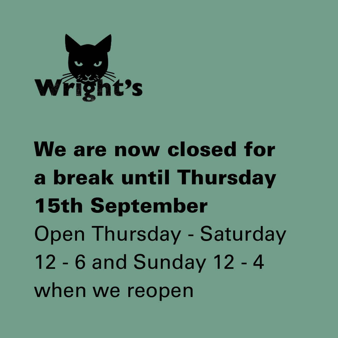 Thanks for your support over the past few months — we are now closed for a break until Thursday 15th September. 

Click &amp; Collect will return for collection Friday 16th or Saturday 17th September. 

See you soon.
