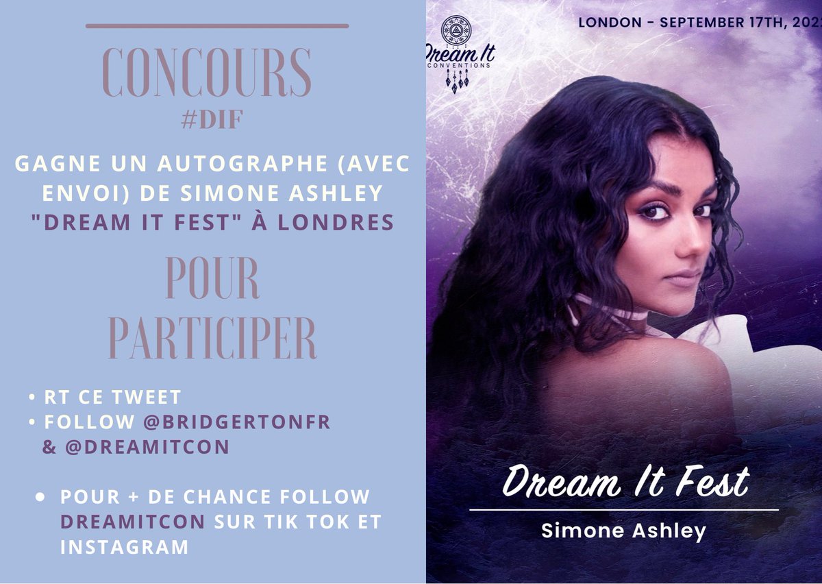 BridgertonFR's tweet image. #CONCOURS Tentez de gagner un autographe de Simone Ashley, qui sera signé à la #DIF à Londres !

 Pour participer, rien de plus simple : 
- RT ce tweet,
- Follow @BridgertonFR &amp;amp; @DreamitCon 
- Pour + de chance follow DreamIt sur leur TikTok et Instagram 

Bonne chance à tous ! 🐝