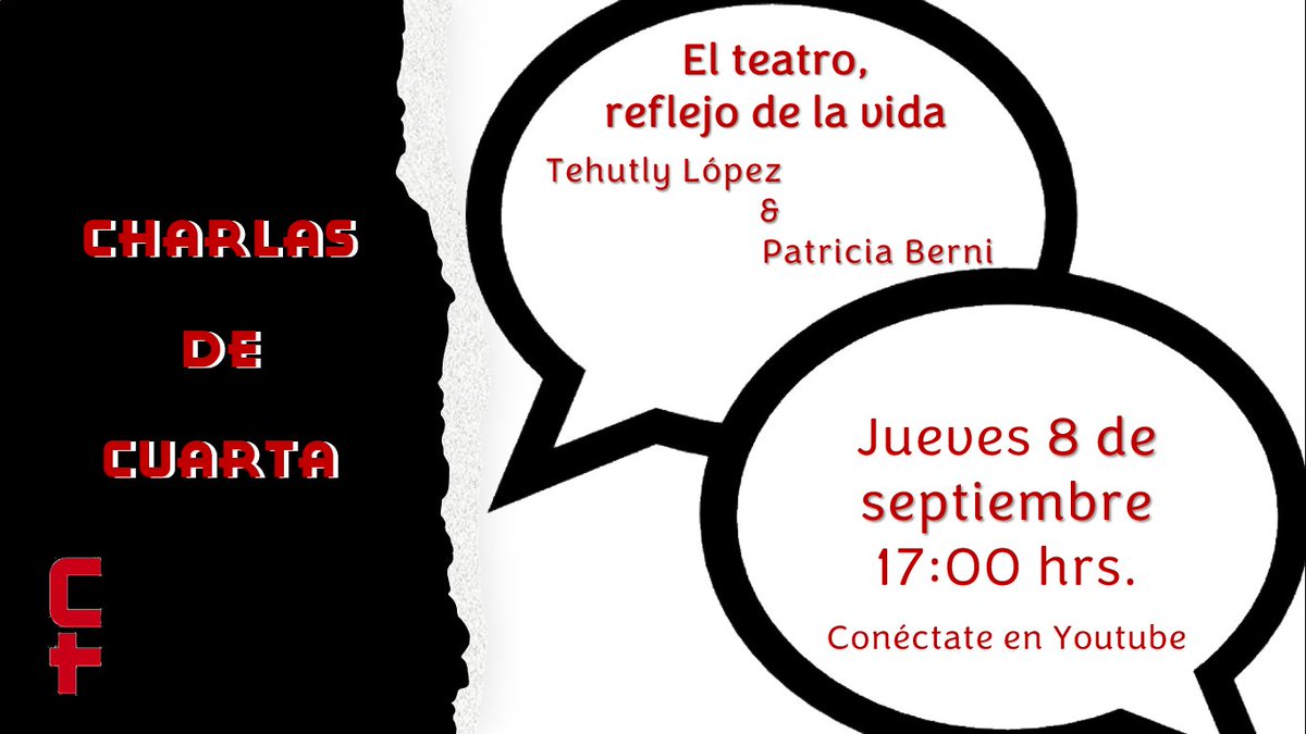cuartadeforros's tweet photo. No se pierdan este jueves la nueva #charlacool Teatro, reflejo de la vida se va a poner de lujo!!! #somosdecuarta #lavidaesunescenario #8deseptiembre https://t.co/gMeMVTiv9k