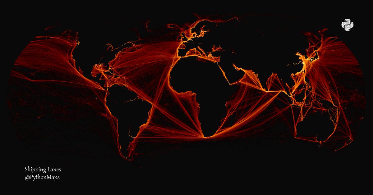 Shipping lanes!!!
I know I post variations of this map a lot but I think it is the prettiest visualisation I have and indeed, will ever make!😍
Made with #Python using #matplotlib and #Numpy. #DataScience #DataVisualization #Map #shipping #Geography #dataviz #data #DataScientist