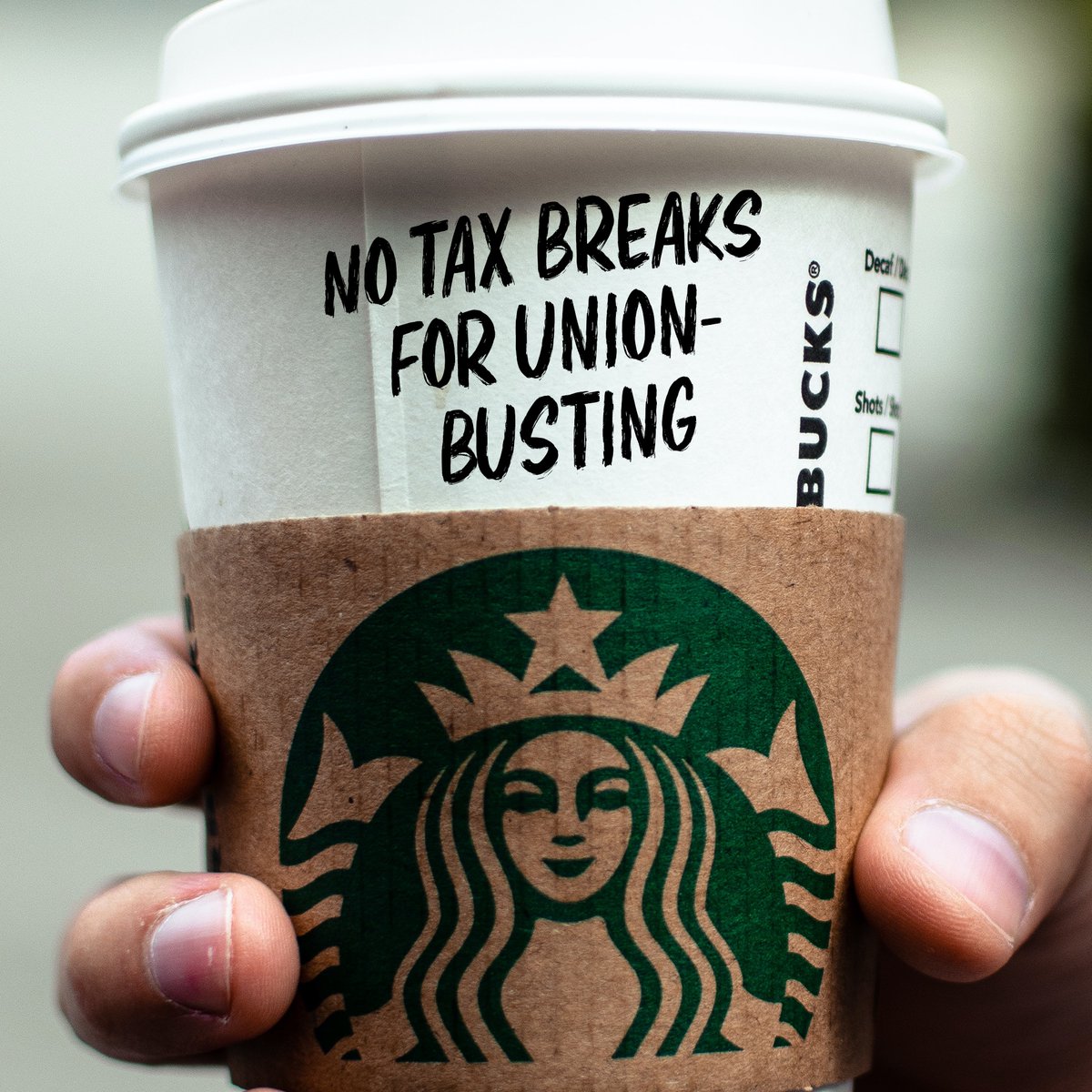 4TaxFairness's tweet photo. This Labor Day, we stand in solidarity with Starbucks workers fighting to unionize.

Corporations shouldn't be allowed to write off anti-union activity on their taxes. It's time Starbucks allowed workers to unionize and Congress passed the #NoTaxBreaksForUnionBusting Act! https://t.co/8TTemO31sS