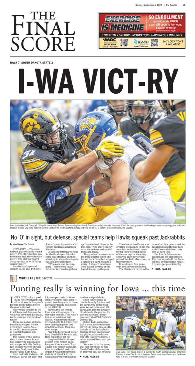 BarstoolUIowa's tweet photo. Todays headline in the Gazette

No O in sight. Hang this all over the practice facility until Saturday. https://t.co/aV1erq8GNp