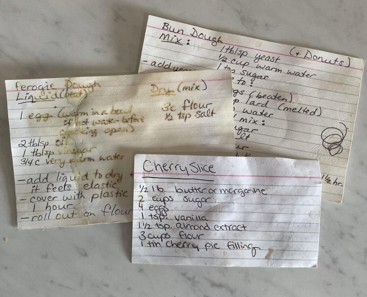 JMort95's tweet photo. Brought out a few tried and true recipes to prep for harvest supper tonight- buns, pulled pork, perogies, and cherry slice! #harvest2022 #CdnAg #harvestmeals #mealinthefield #homemade #grandmasrecipe https://t.co/cYT1y2g5FO