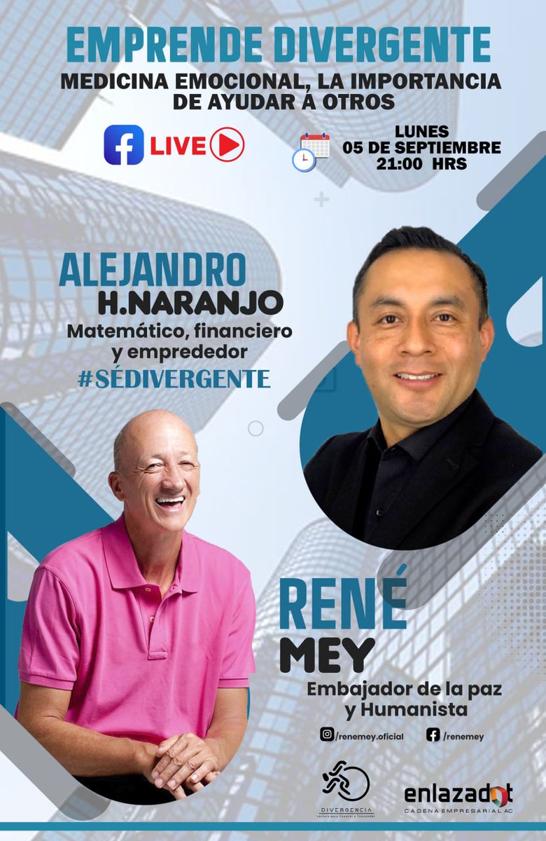 renemeyoficial's tweet photo. Entrevista por 🎙️#EmprendeDivergente, con Alejandro H. Naranjo y nuestro querido #EmbajadordelaPaz 🕊️ #RenéMey.
🗓️5 Sep🕛 21 pm (#DCMX)
Por el siguiente enlace🔗 https://t.co/97h3h2PjeV
#lunesdedivergencia
#revistadivergencia2022
#RevistaDivergencia
#loescucheendivergencia https://t.co/wKndEW5ZTI