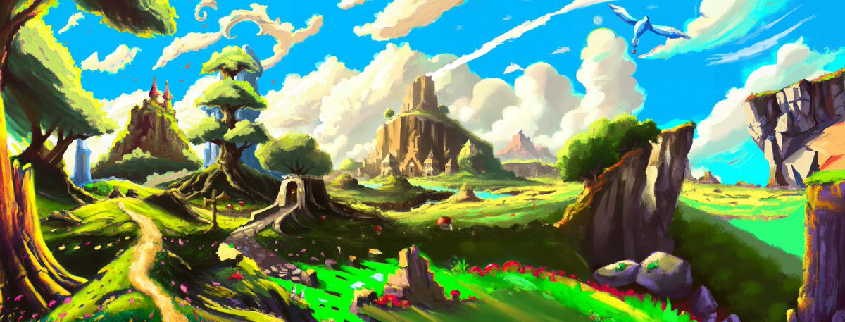 LittleBitLatte's tweet photo. "The Land of Hyrule" - artwork I created with #DallE #Zelda https://t.co/jIo7ERsfFI