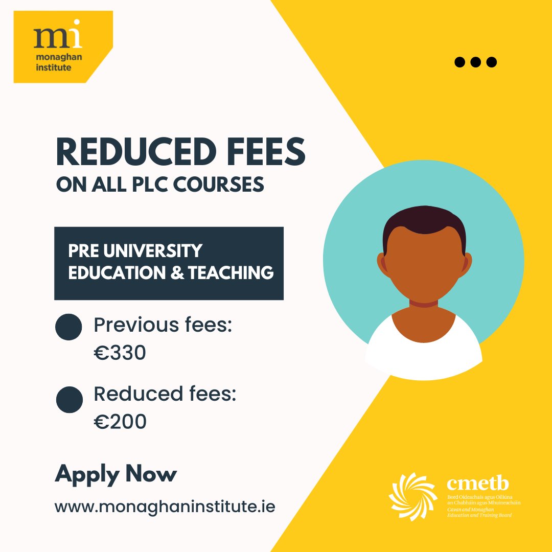 Following the announcement by @CavMonETB regarding the lower Course Fees at Monaghan Institute this year, here are examples of the reduced fees on some of our courses. Apply Now to study with us this September: monaghaninstitute.ie #MI #YourFutureStartsHere