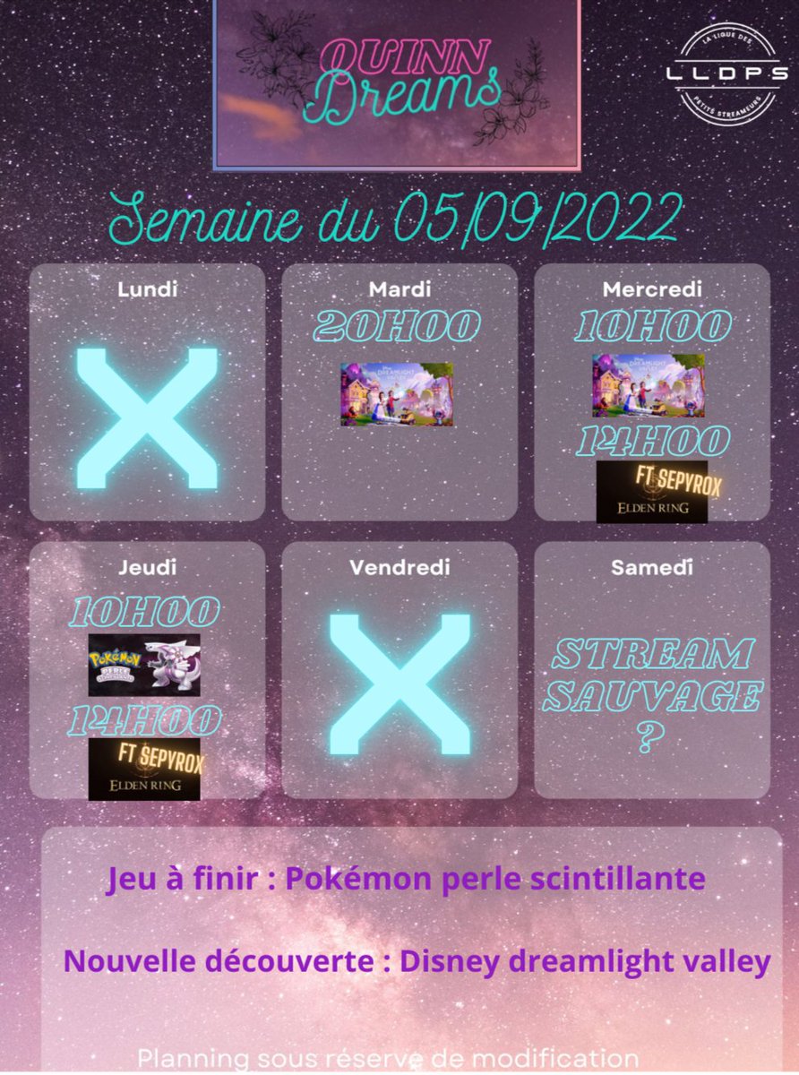 Quinn__Dreams's tweet photo. Voici le planning de la semaine qui arrive !
https://t.co/amhqA2Wj65 https://t.co/R7Mf4ikvDZ