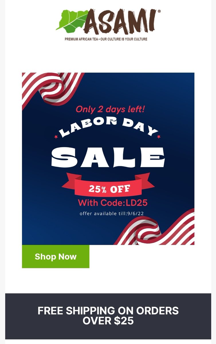 Don't miss out on 25% off. Shop Top Favorites. *Asami Tea*

manage.kmail-lists.com/subscriptions/…

#labordaysale #LaborDayWeekend #LaborDay #TeaTime #SelfCareSunday