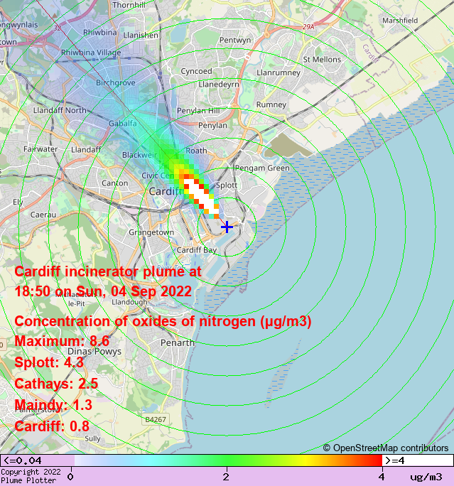 plumeplotter's tweet photo. Latest Cardiff incinerator plume plot, 18:50 04/09/22 #Splott #Cathays #Maindy https://t.co/HI9XmVnbT1 https://t.co/zAqzeaE6nh