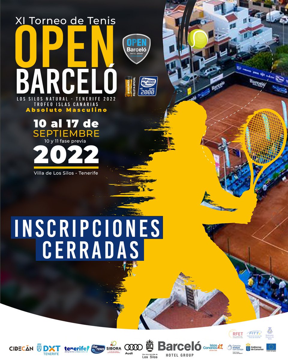 🚨 ATENCIÓN 🚨 ¡El que no esté INSCRITO ✍️ tiempo ha tenido! 🔚 CERRADAS LAS INSCRIPCIONES 📝 del XI Torneo de Tenis 🎾 Open Barceló 🏆, Los Silos Natural-Tenerife 2022, Trofeo Islas Canarias 🇮🇨

💙 GRACIAS a TODOS los que se apuntaron 👏 Nos vemos del 10 al 17 de septiembre 👋