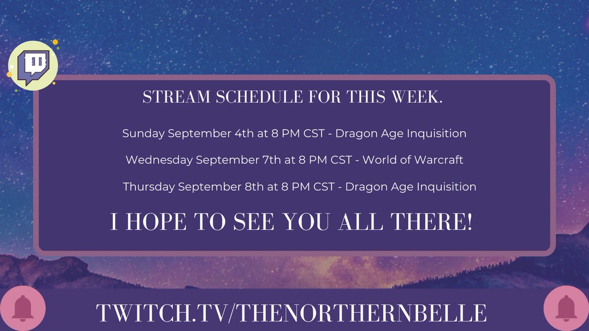 NorthernBelle34's tweet photo. It's Stream Schedule Sunday! 

Starting off strong tonight with a drunk degen #DragonAgeInquisition run. We will also play #WorldofWarcraft later in the week. As always, hope to see y'all there! 

#FemaleStreamer #TwitchAffiliate #JewishStreamer https://t.co/0n89jO5cFv