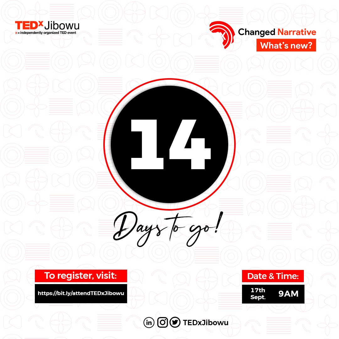 officialDOC_IGE's tweet photo. It's 14Days to TEDxJibowu; A transformational event that will be happening live at Jibowu, Yaba Lagos 🔥

There will be amazing masterclasses by amazing speakers 🔥

Follow @TEDxJibowu to stay updated
#Africawillrise #TEDxJibowu #TEDx https://t.co/DrM7rm01qS