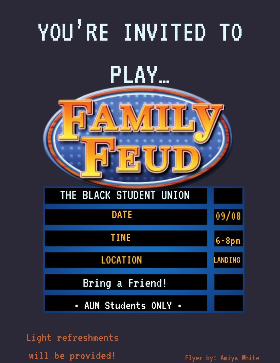 official_bsu's tweet photo. come out to “Pie a BSU Member” THIS Thursday from 12:30-2pm! 🥧🙌🏽  1 pie = $1

then later come play Family Feud from 6-8pm! Refreshments will be provided :) BRING A FRIEND! the more people, the better! 🥳 #myAUM https://t.co/J5k4IZ2ckS