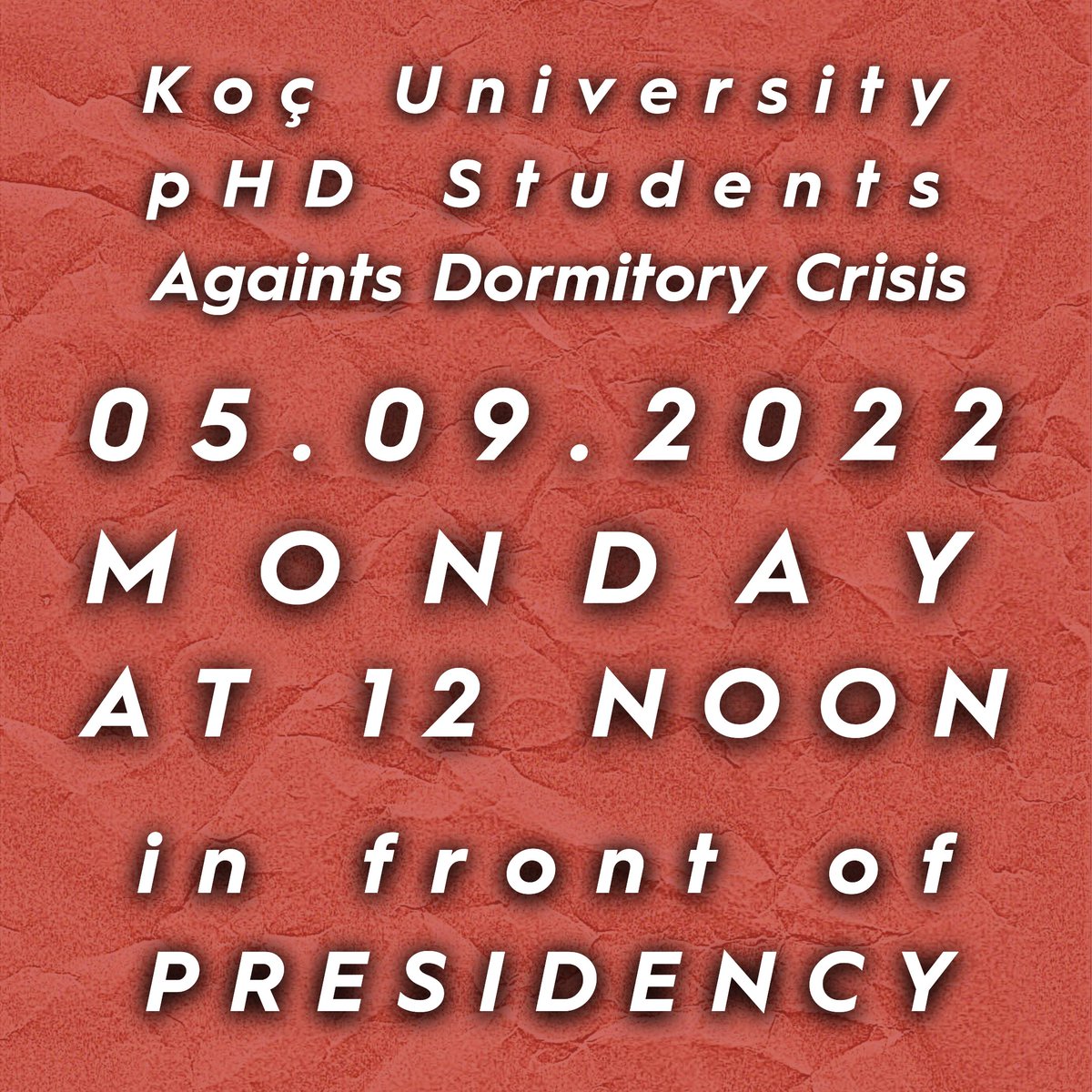 Koç Üniversitesi Doktora öğrencileri yurt krizine karşı yarın saat 12.00'de Rektörlük Önü'nde eylemde olacak.
#yurtpardonkümes

Koç University PhD students will take action against the dormitory crisis in front of the Presidency at 12:00 tomorrow.
#howaboutsharedvaluesKOC