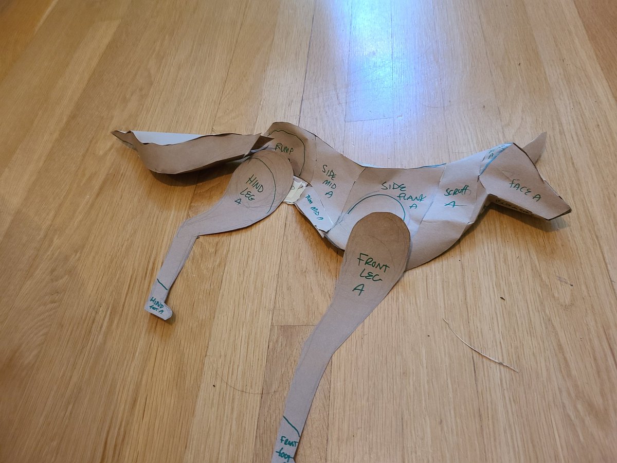 Madeofbeasts's tweet photo. How do I pattern a plush? Absolute chaos. Lots of coffee. And many many paper models. https://t.co/CHGVPLqNtB