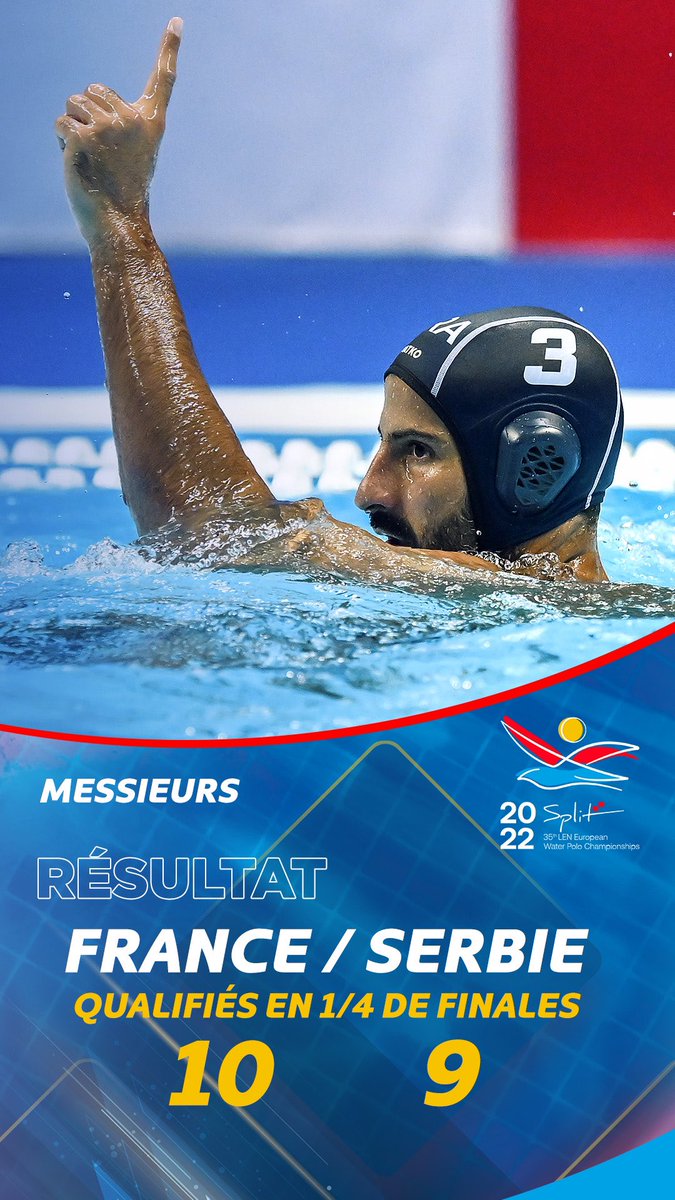 FFNatation's tweet photo. #direct #waterpolo la France se qualifie pour les 1/4 de finales des championnats d’Europe en battant la Serbie 10 à 9. Bravo pour cette belle performance 🔥🔥🔥 https://t.co/qXEs9gTomc