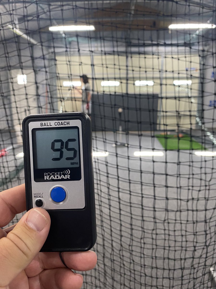 @Jackson33750561. Keep working hard kid, 5am weightlifting is paying off. 92/93 exit velo with ol woody of tee. 95 with the goods.