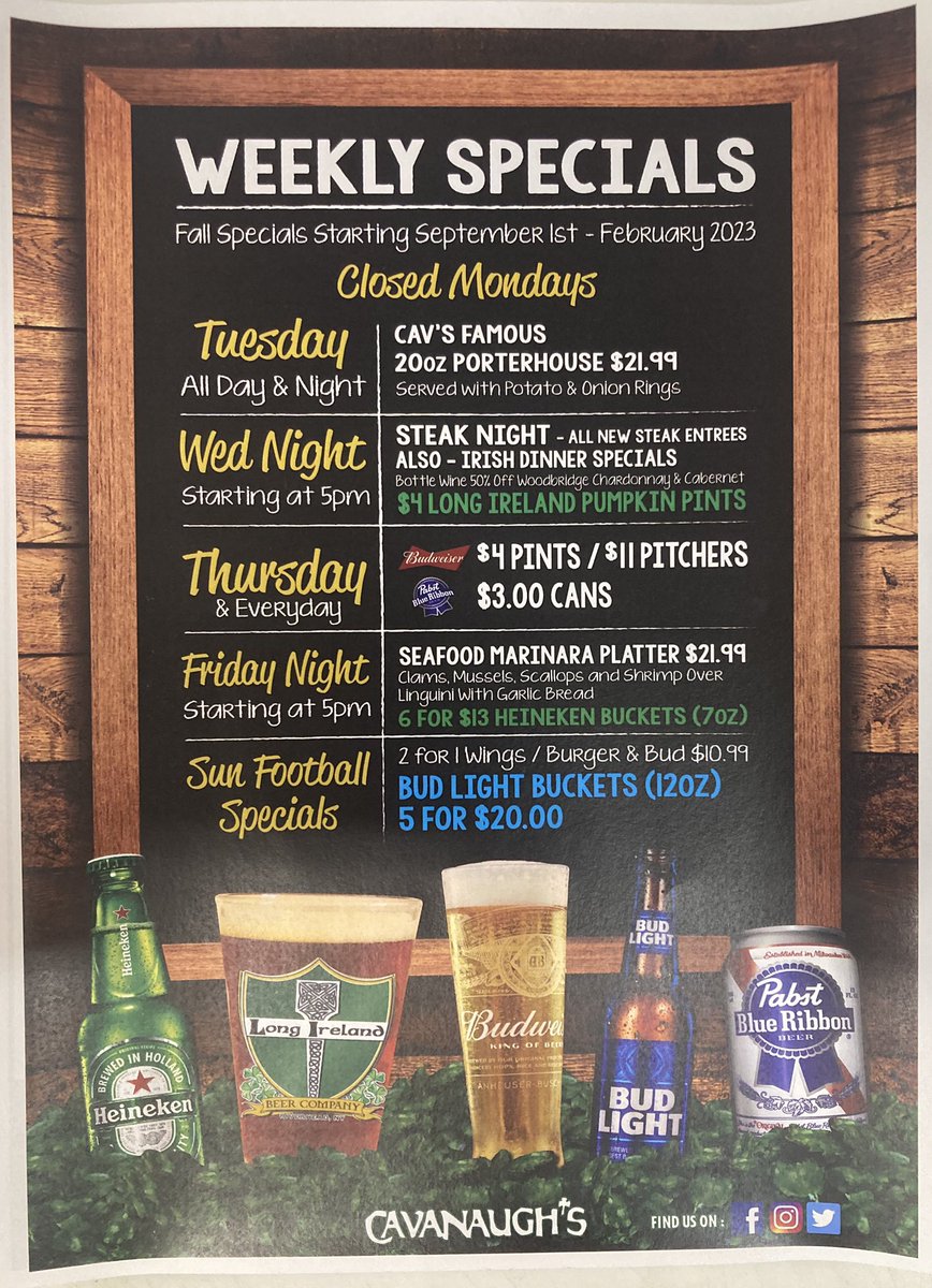 CavanaughsPub's tweet photo. Sunday dinner specials, kitchen open till 9:30pm. #bluepoint #onionsoup #OTB #holbrook #bbpphantoms #bayport #sayville #bpfd #GUΔ°NNESS #lipumpkin https://t.co/ZXqOK0x8br