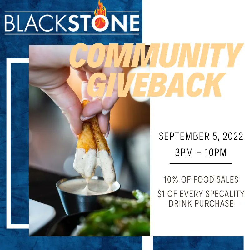 Remember to visit Blackstone tomorrow for good eats and drinks! 10% of food sales and $1 of every drink purchase comes back to support our critical work.