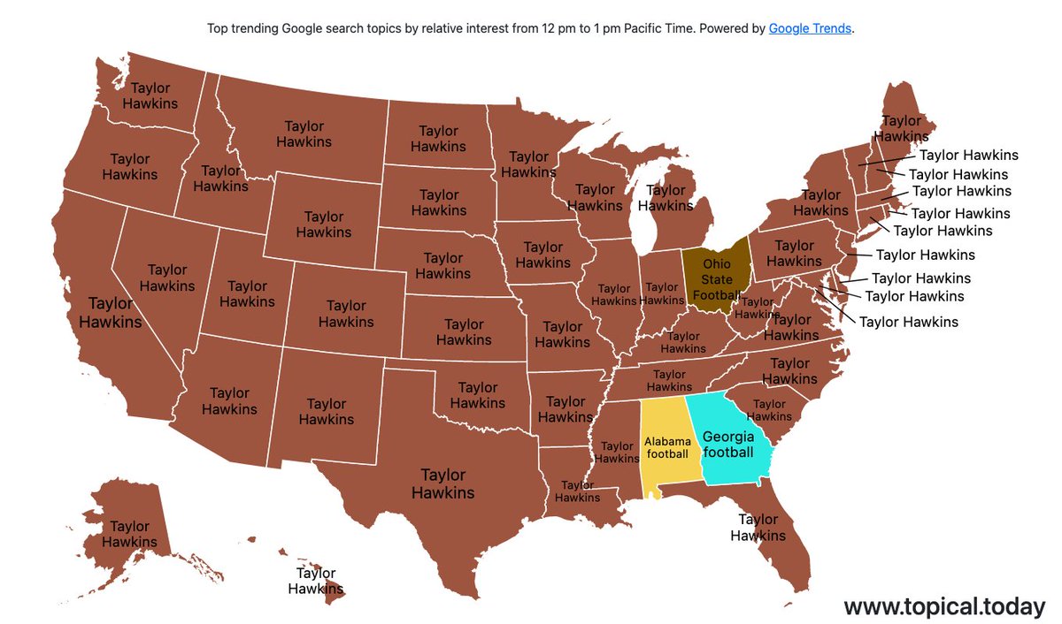 Top Google Trends in the United States by relative interest in each state over the last hour. 

#OhioStateFootball #TaylorHawkins #Georgiafootball #TaylorHawkins #Alabamafootball 

Live map at topical.today/countries/us
