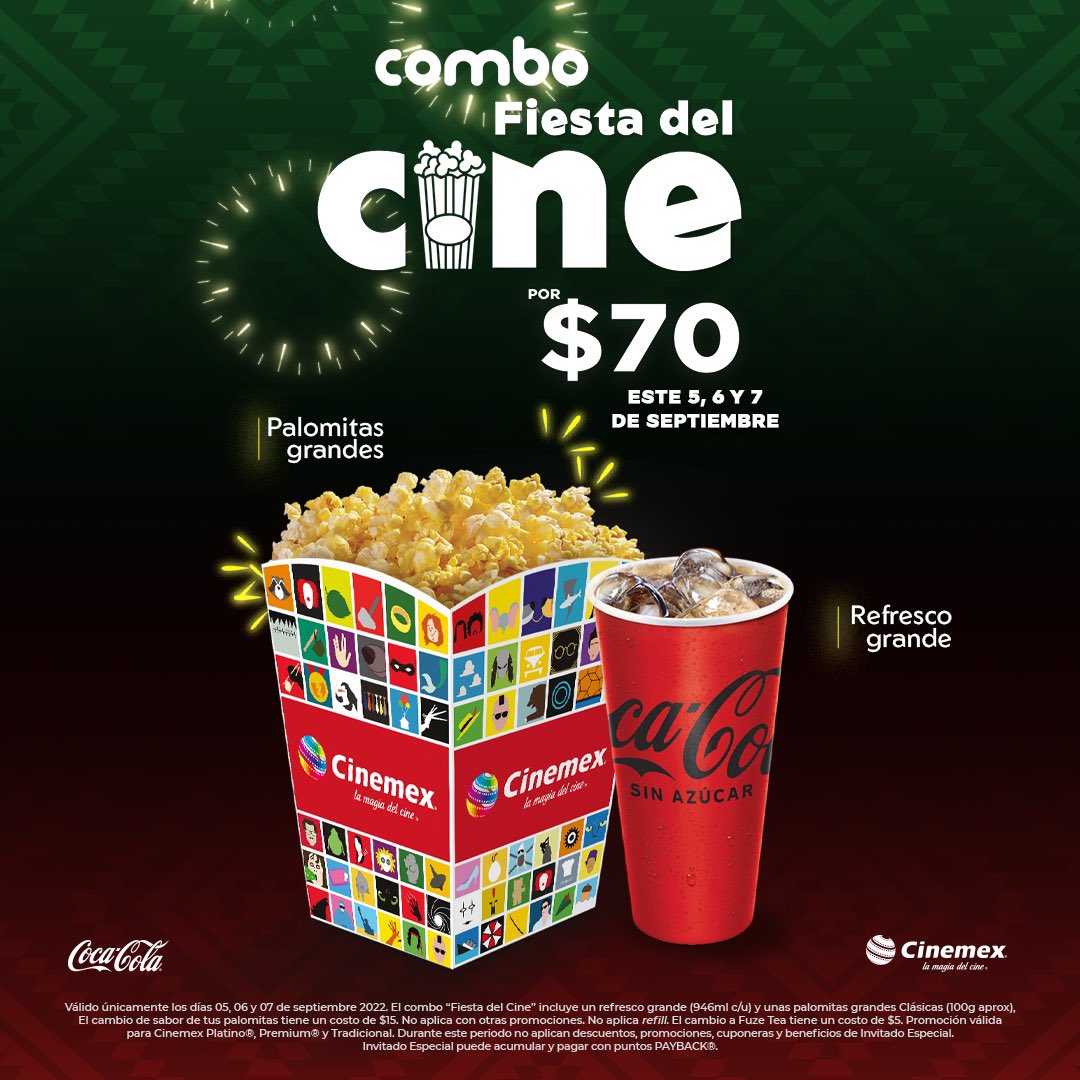 Cinemex's tweet photo. ¡Disfruta de los combos que tenemos para ti en la #FiestaDelCineMX! 🍿🥤

Ven a Cinemex este 5, 6 y 7 de septiembre y vive #LaMagiaDelCine a $29 pesos. 🎟 https://t.co/8RWAjXDxgz