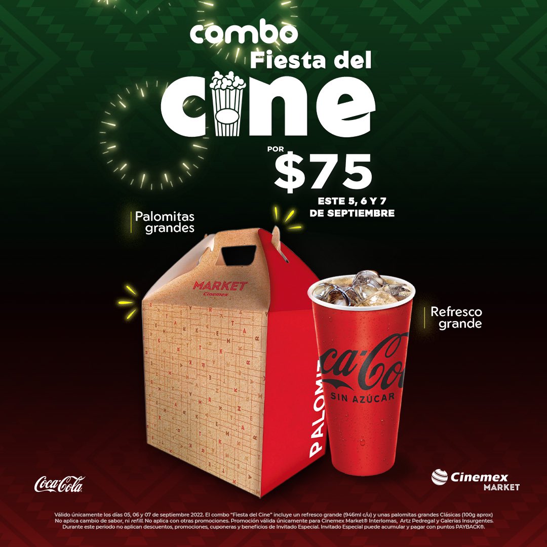 Cinemex's tweet photo. ¡Disfruta de los combos que tenemos para ti en la #FiestaDelCineMX! 🍿🥤

Ven a Cinemex este 5, 6 y 7 de septiembre y vive #LaMagiaDelCine a $29 pesos. 🎟 https://t.co/8RWAjXDxgz