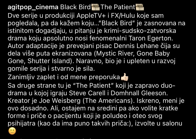 AGITPOPme's tweet photo. Black Bird, @AppleTV 👍
The Patient, @hulu/@FXNetworks 😕

#filmovi #serije #preporuke
https://t.co/qRObQCHwt1 https://t.co/3vlnvMN3x1