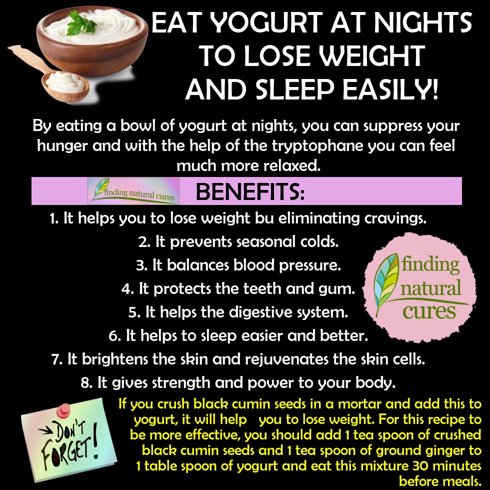 cures_finding's tweet photo. EAT YOGURT AT NIGHTS TO LOSE WEIGHT AND SLEEP EASILY! #findingnaturalcures
By eating a bowl of yogurt at nights, you can suppress your hunger and with the help of the tryptophane you can feel much more relaxed. https://t.co/qQcaOfyoel