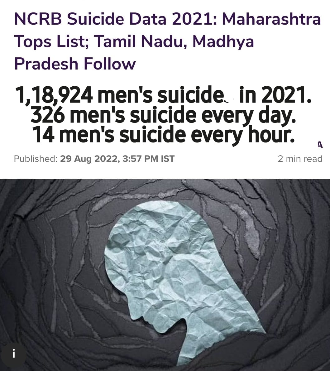 vaastavngo: RT @cskkanu: @GenderParityUK @DXTMRA @PhilippTanzer1 @MensHealthForum @menreachingout1 @court_crisis @Positiveconclu 326 men kill themselves everyday in India because men are being treated worst than animals

No rights
No support
No help
No a…